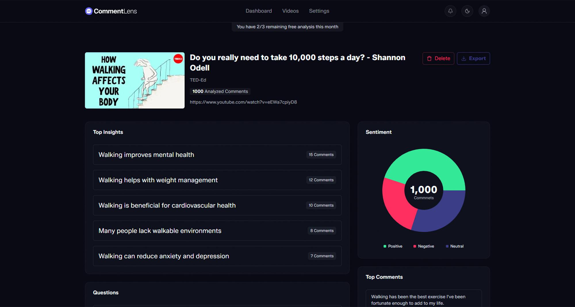 CommentLens dashboard showing sentiment chart and top insights